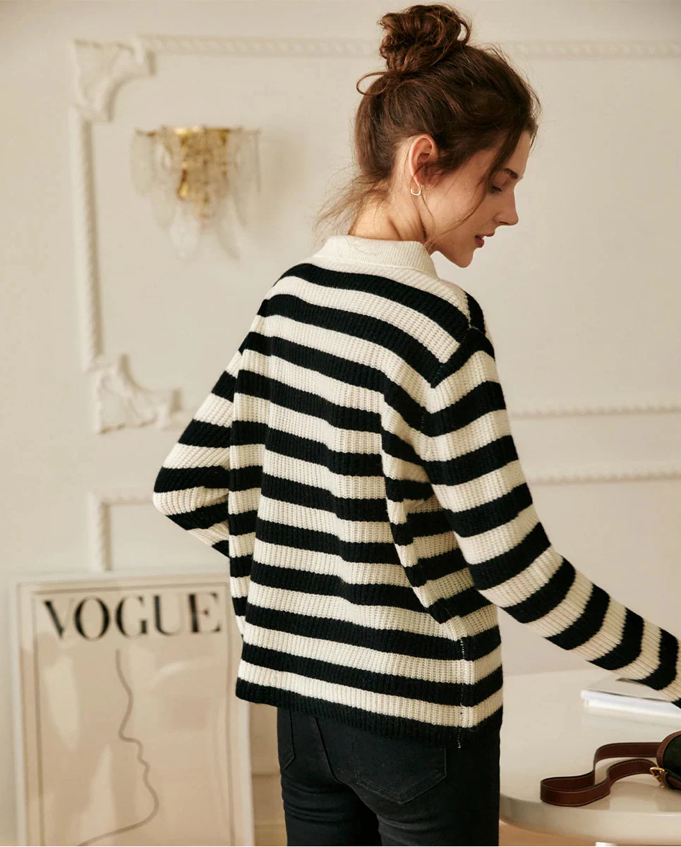 Cozy Button-Up Knitted Striped Polo Sweater - Luxuryurbanwear