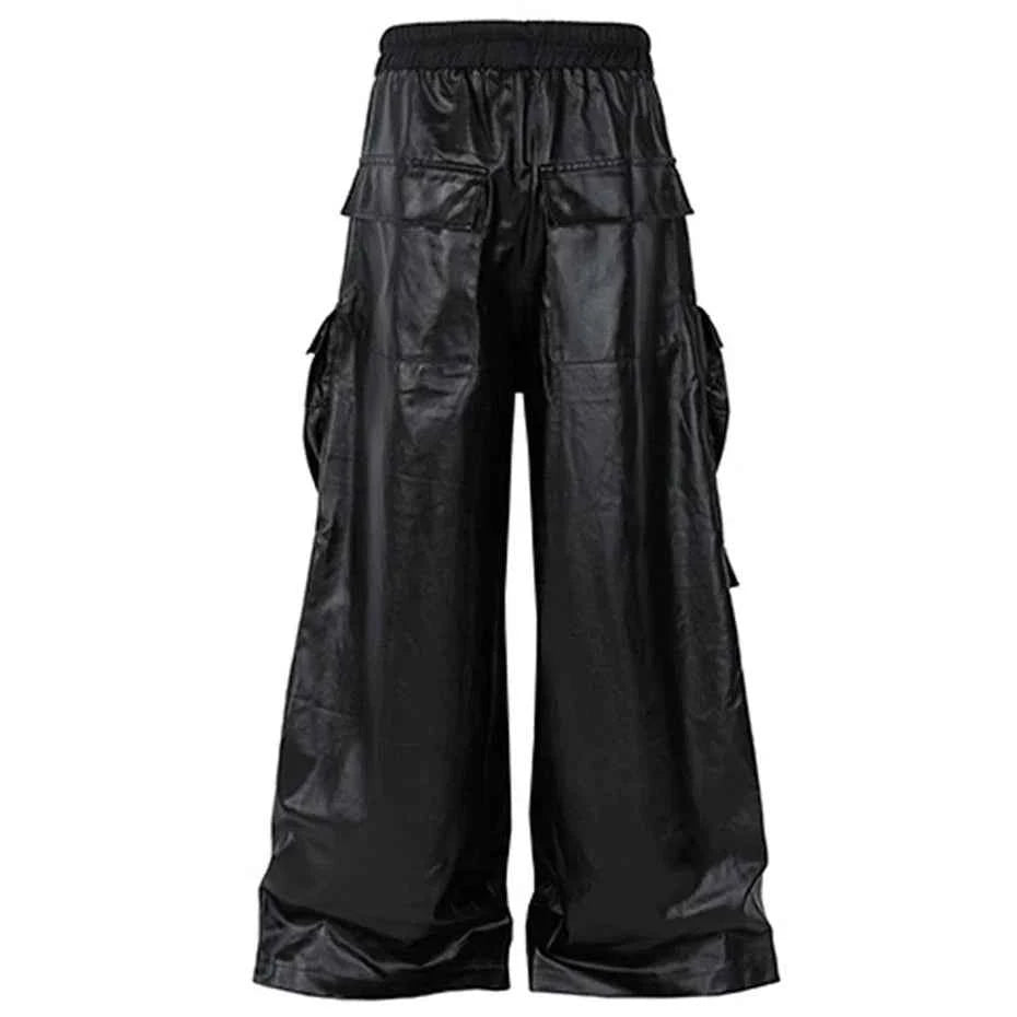 Streetwear Luxury Designer Black Cargo Leather Pants