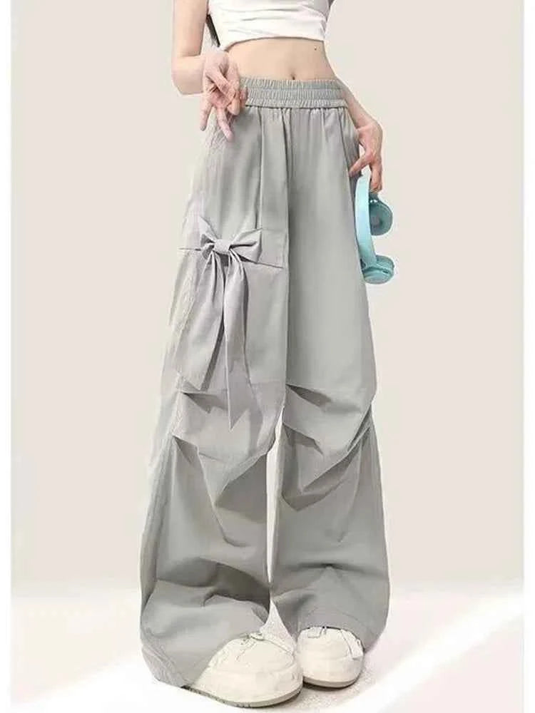 Women Vintage Casual Gray Bow Cargo Pants