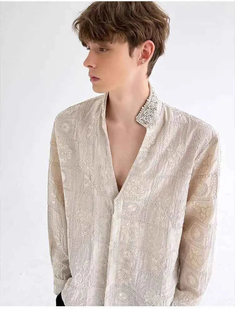 Luxury Pearl Patchwork Long Sleeve Shirt