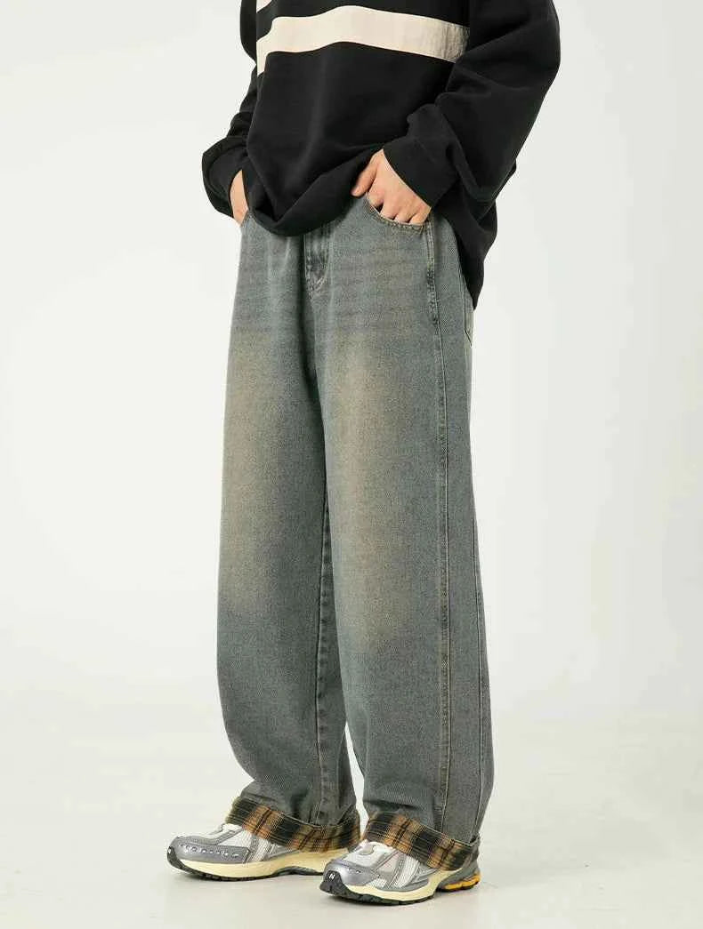 American Casual Plaid Patchwork Washed Jeans