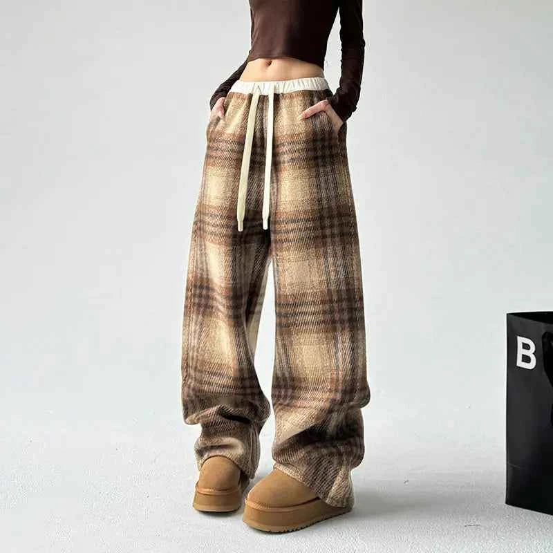 Cool Vintage American Style Plaid Wide Pants