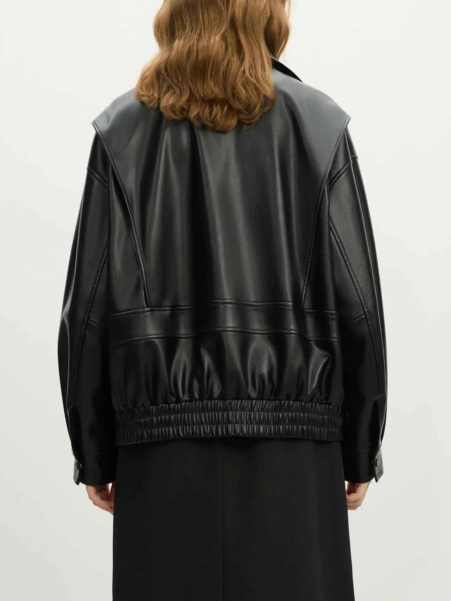 Women Black Casual Loose Leather Jacket