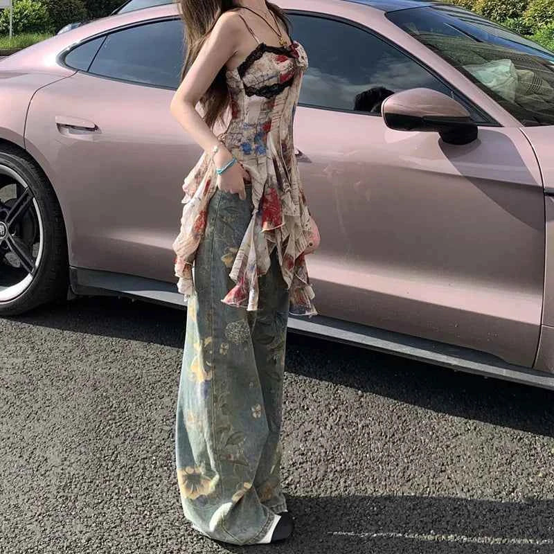Women Chic Retro Floral Print Wide Leg Jeans
