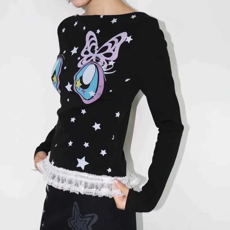 Sweet Cartoon Printed Slash Long Sleeve T-Shirt