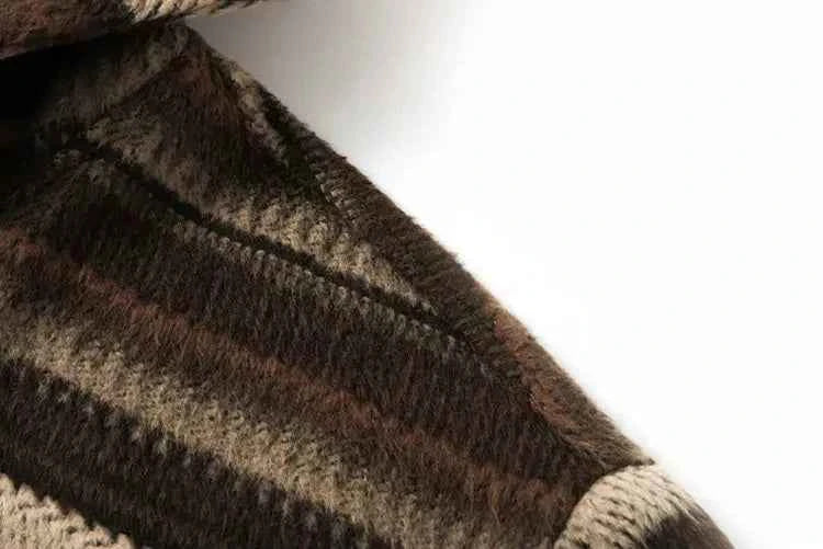 Stylish Striped Knit Hooded Zipper Cardigan