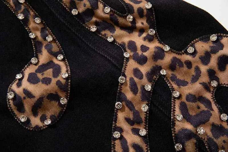 Trendy Leopard Patchwork Black Denim Jeans