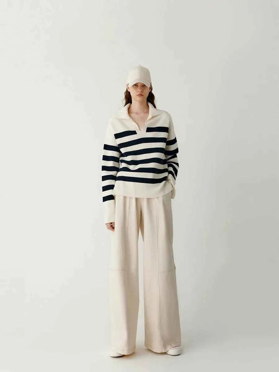 Women Navy Striped Loose Cashmere Sweater