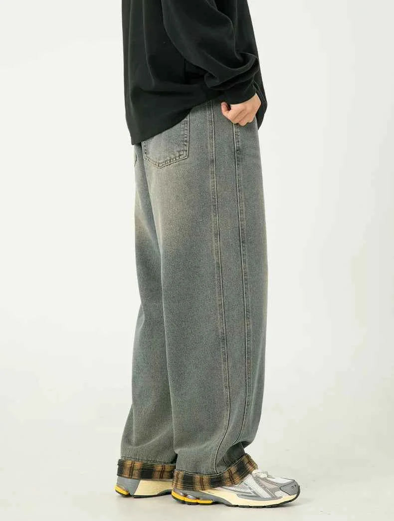 American Casual Plaid Patchwork Washed Jeans