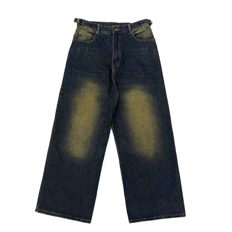 Adjustable Green Retro Wide Leg Jeans