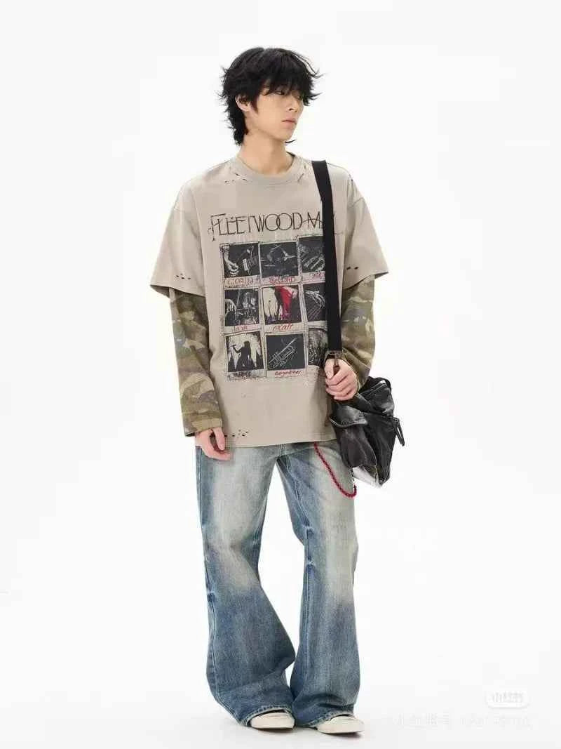 Retro Punk Camouflage Ripped Long Sleeve T-Shirt