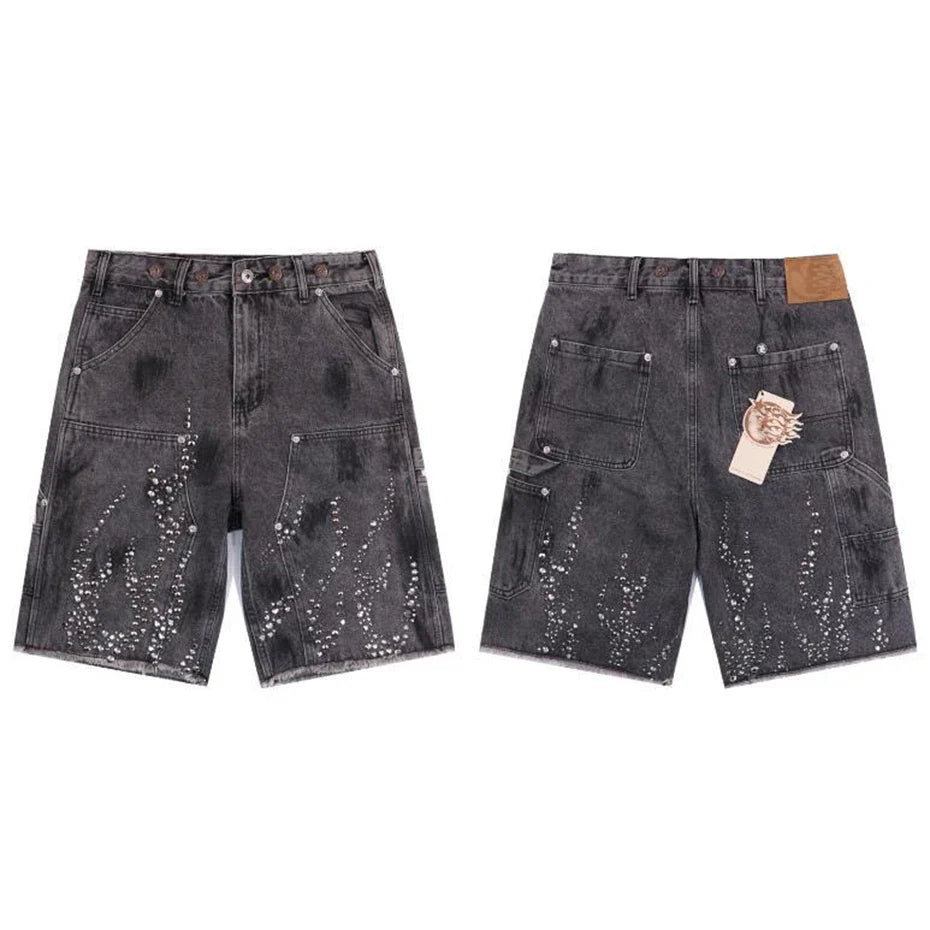 Fire Diamond Denim Rhinestone Shorts