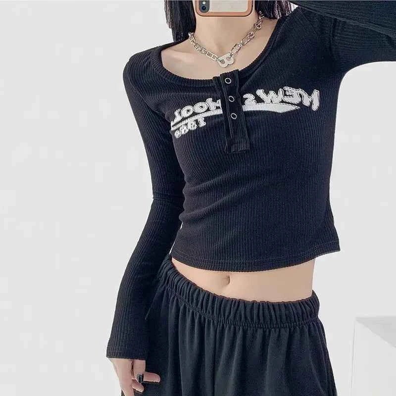 Vintage Letter Print Ribbed Crop T-Shirt