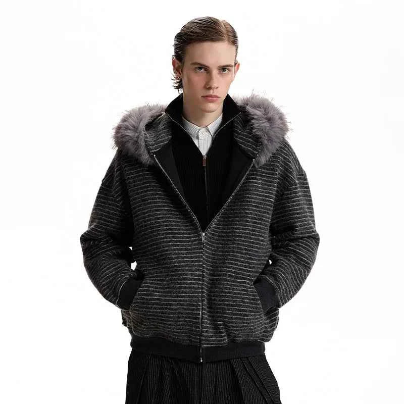 Streetwear Striped Fur Hooded Knit Cardigan
