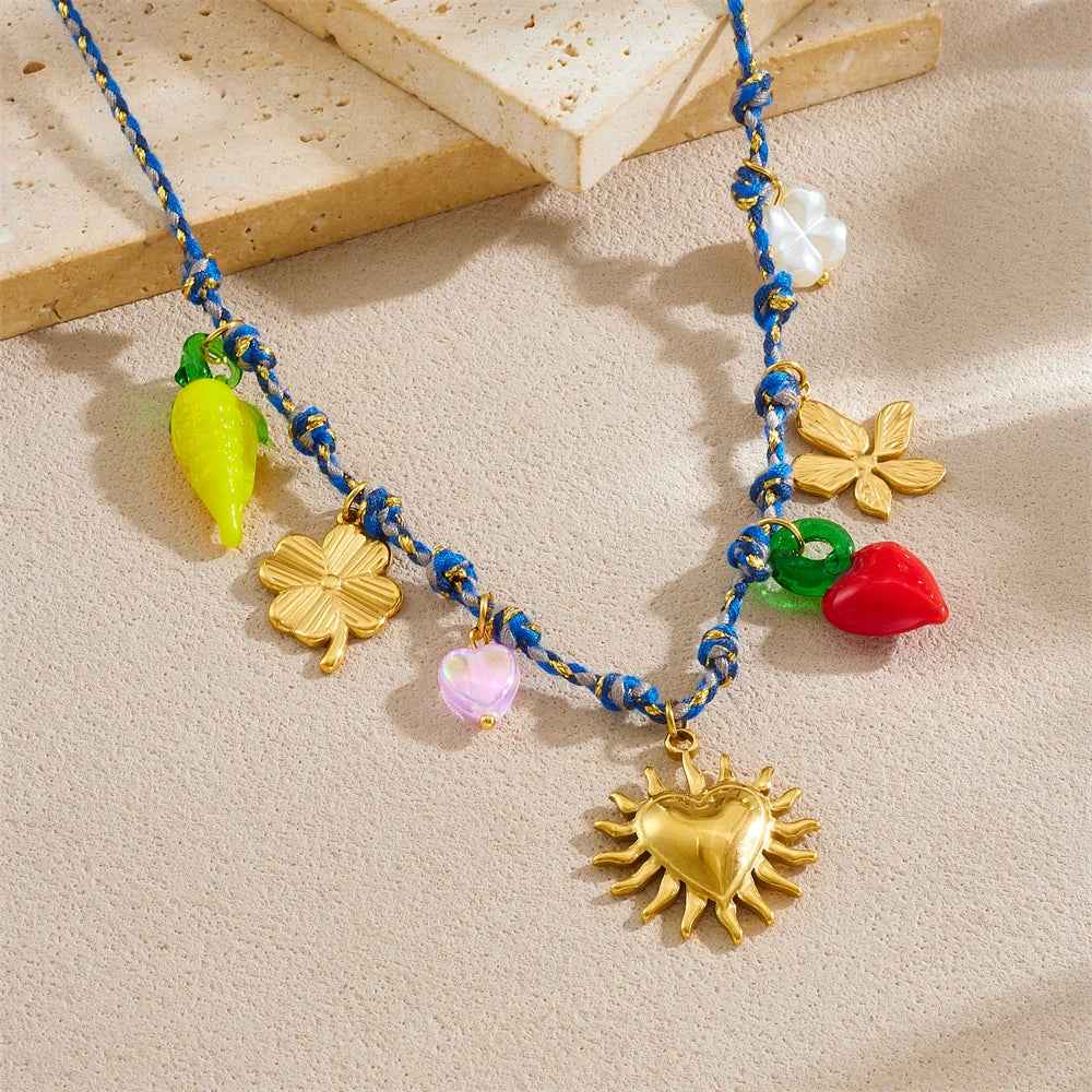 Golden Flower Heart Pearl Pendant Necklace