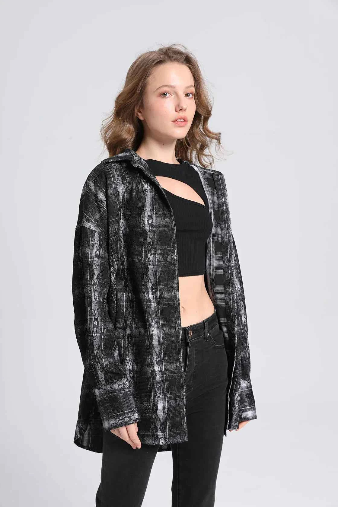 Women Retro Plaid Overshirt Long Sleeve Shirt