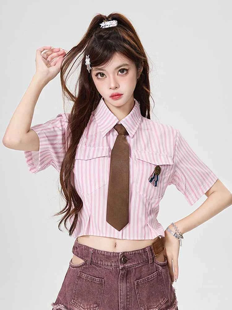 Y2K Women Streetwear Vintage Striped Tie Blouse Shirt