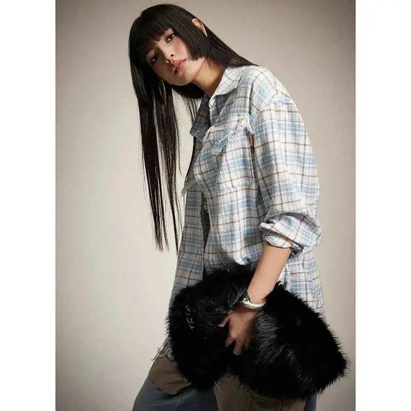 Blue Checkered Fringed Long Sleeved Shirt