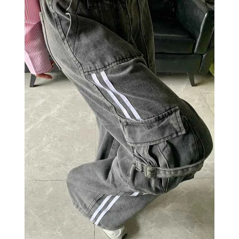 Women Retro Comfort Vintage Blue High Waist Cargo Jeans
