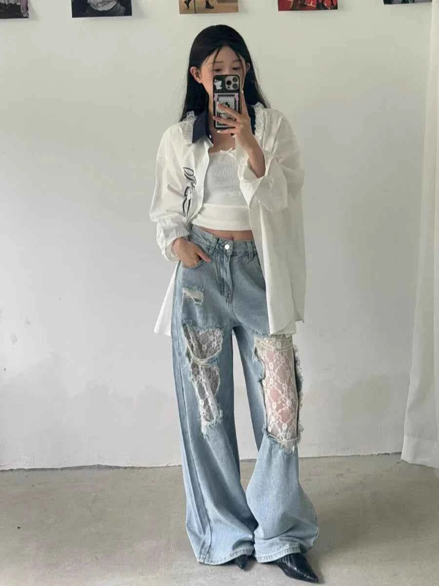 Women Retro Chic Lace Baggy Jeans