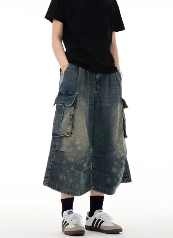 Vintage American Style Washed Denim Jorts - Luxuryurbanwear