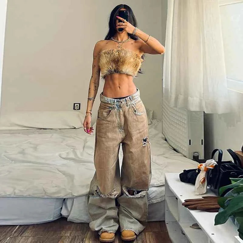 Women Retro Distressed Wide Leg Ripped Jeans