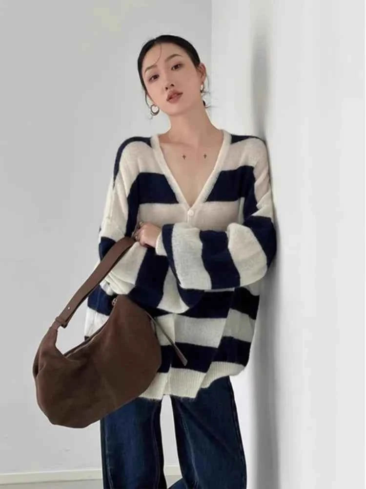 French Mohair Striped V-Neck Cardigan