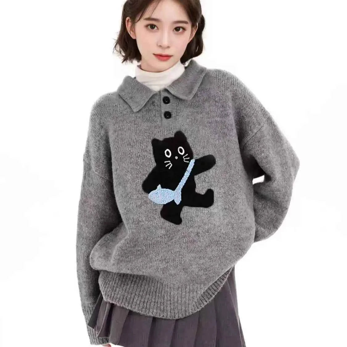 Winter Y2K Cozy Gray Cat Knit Sweater