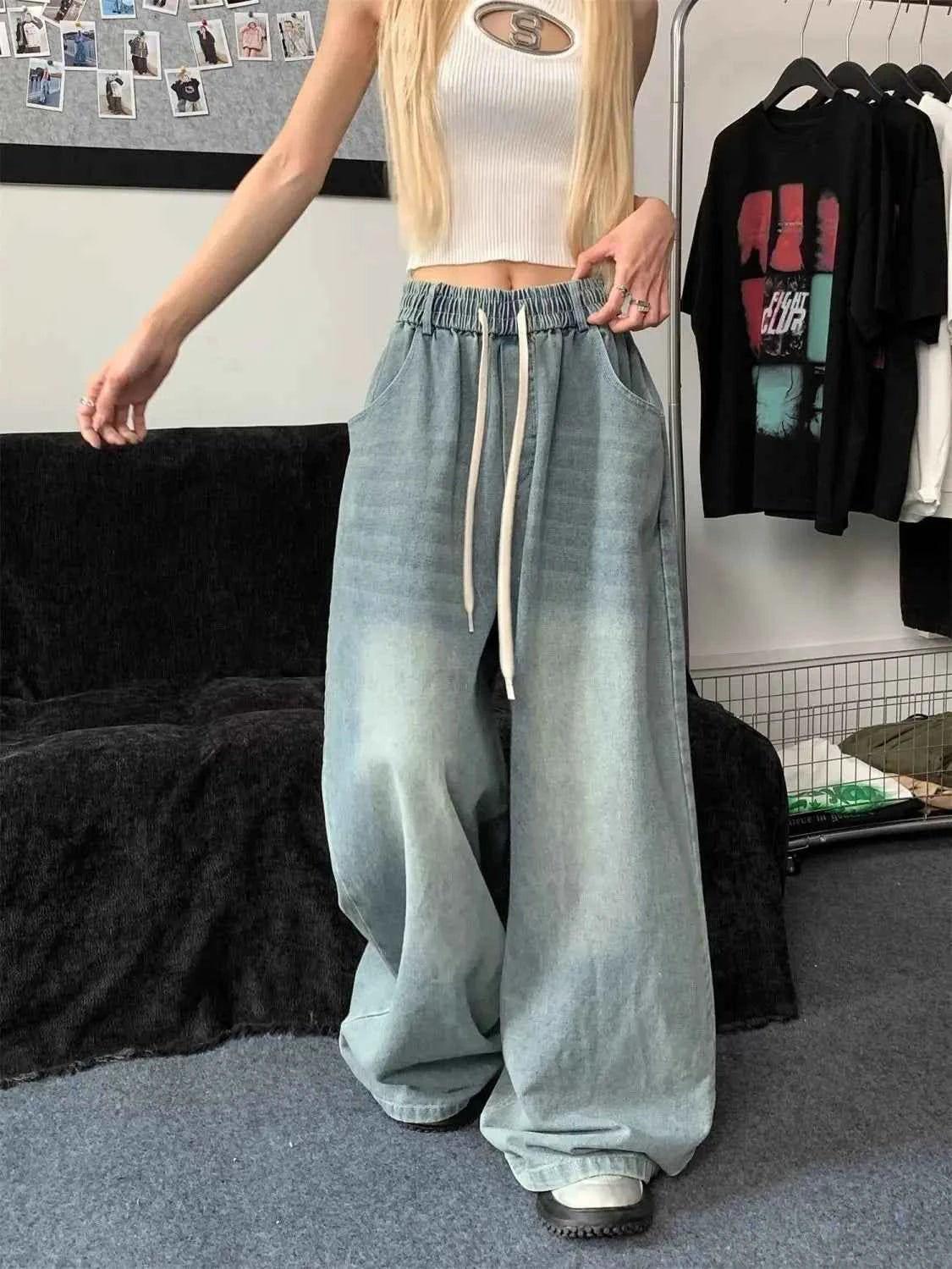 Women Elastic Straight Wide Leg Denim Jeans