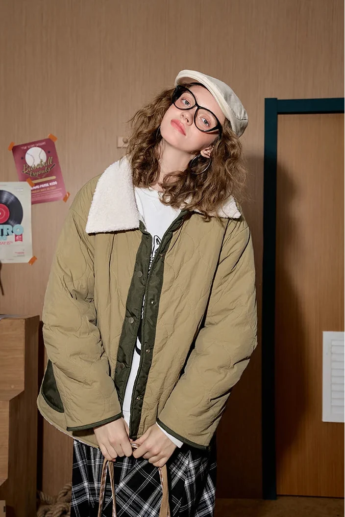 Colorblock Gourd Pattern Faux Fur Parka Jacket - Luxuryurbanwear