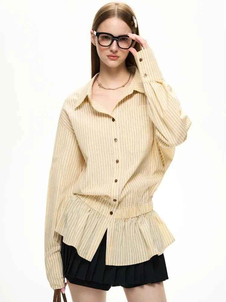 Yellow Striped Patchwork Pleated Dress Shirt