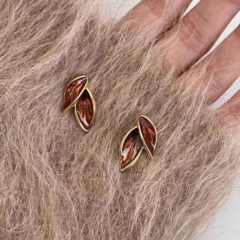 Golden Geometric Leaf Stud Earrings