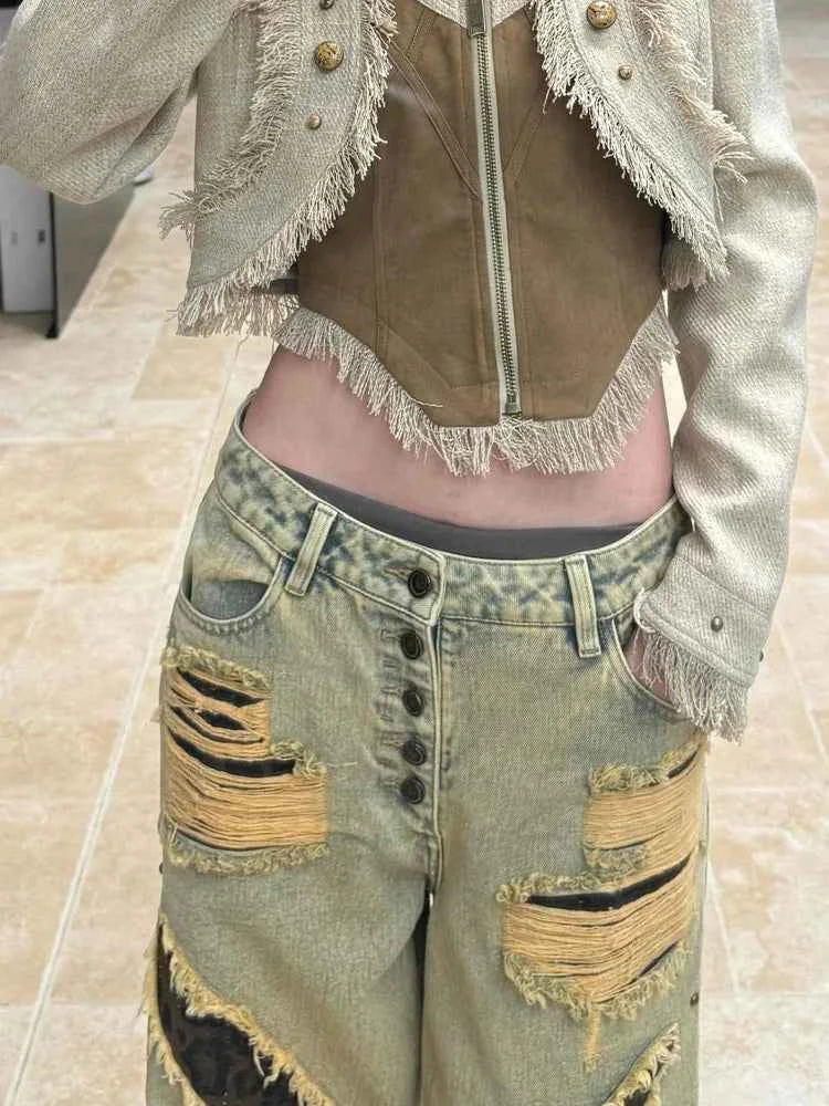 Streetwear distressed high waist leopard Jeans