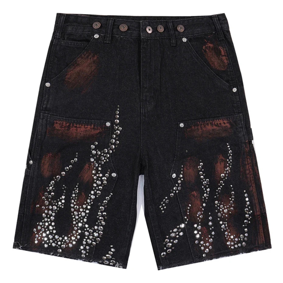 Fire Diamond Denim Rhinestone Shorts