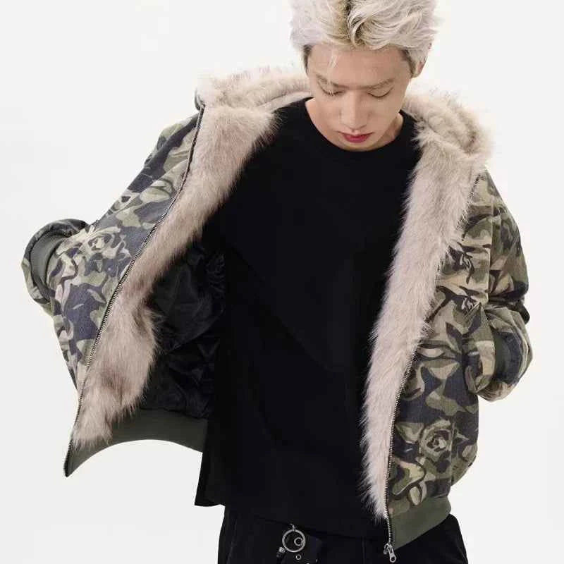 Warm Camouflage Faux Fur Hooded Parka Jacket