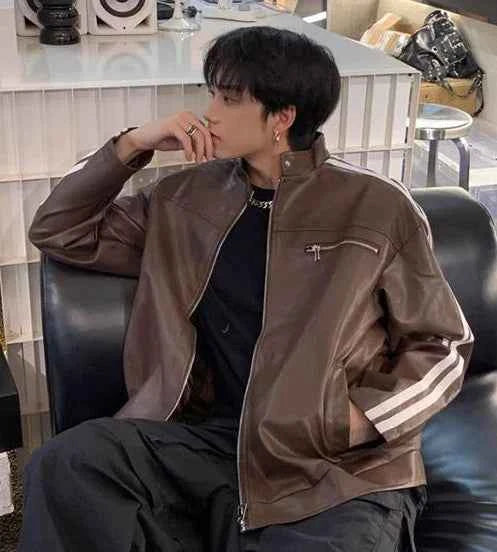 Korean Style Striped Casual PU Leather Jacket