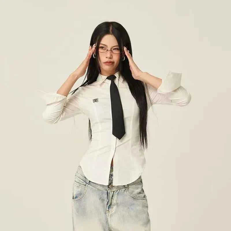 Women Stylish Trendy White Slim Fit Tie Shirt