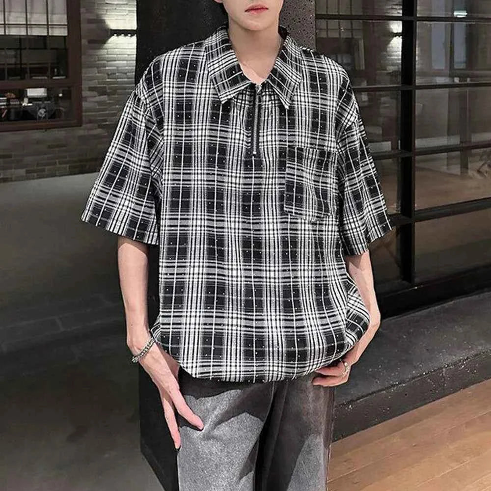 Diamond Plaid Half Zip Casual Shirt