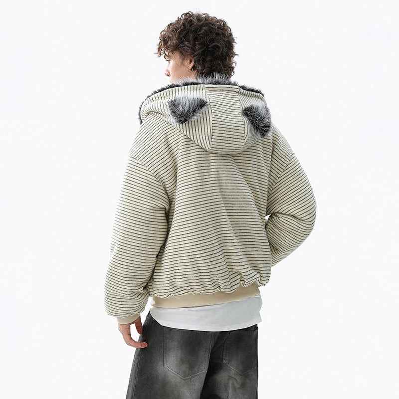Brushed Striped Rabbit Faux Fur Hooded Jacket