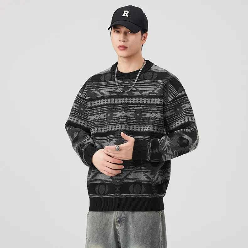 Geometric Pattern Crew Neck Knitted Sweater
