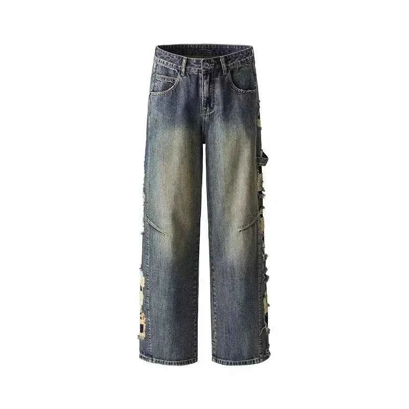 Vintage Distressed Cutting Wide Leg Denim Jeans
