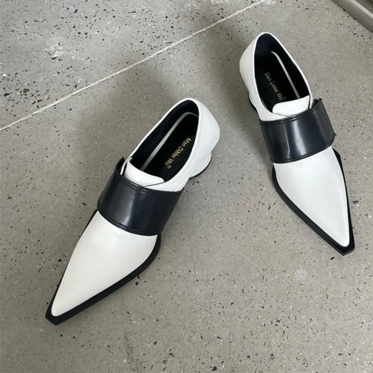 2025 New Dress Office Women Pumps Spring Summer Mature Retro PU Leather Fashion Chain Pointed Toe Thick Heels Shoes Woman