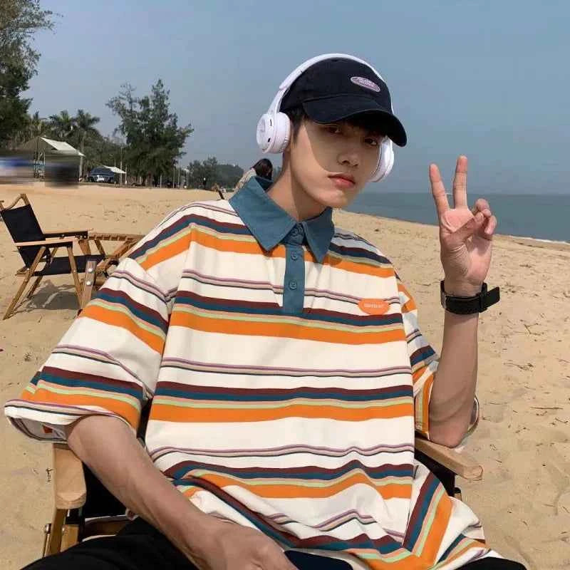 Japanese Style Color Blocked Striped Lapel T-Shirt