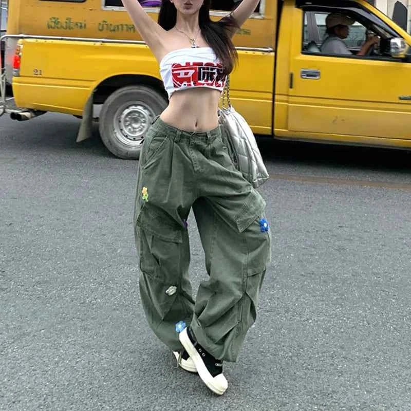 Vintage Green Flower Cargo Pants