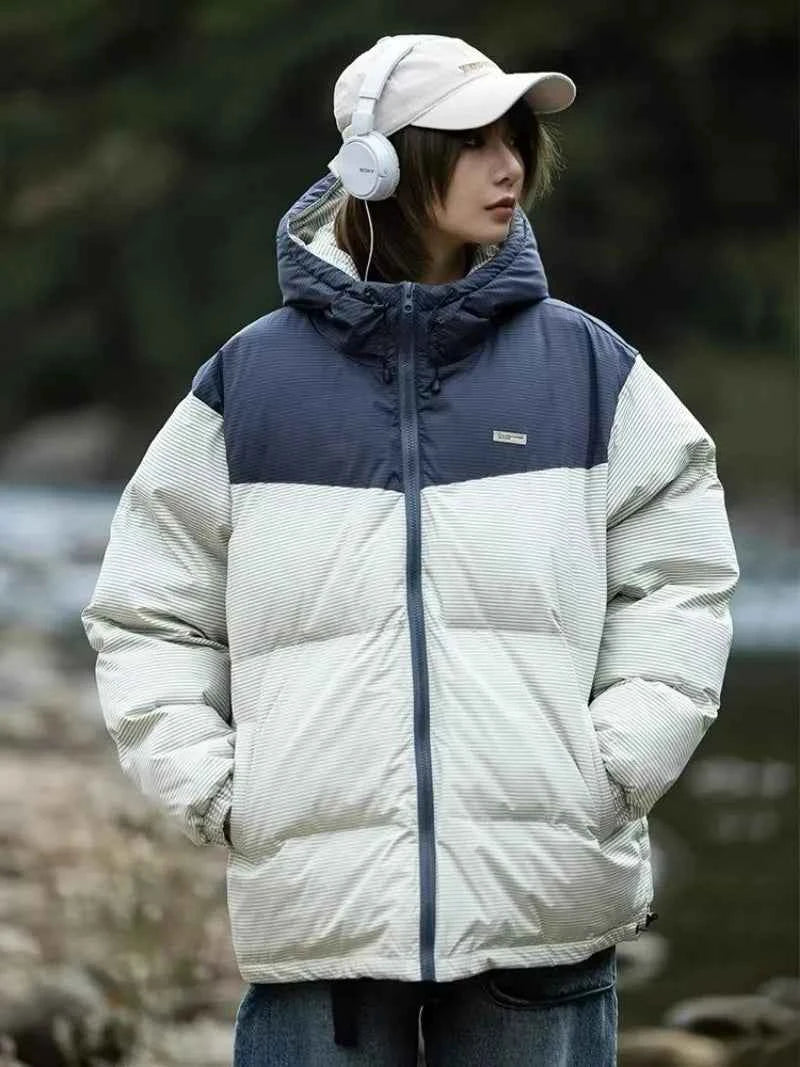 Patchwork Fashionable Hooded Fluffy Puffer Jacket