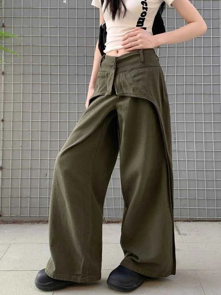Vintage Army Green Patchwork Baggy Jeans