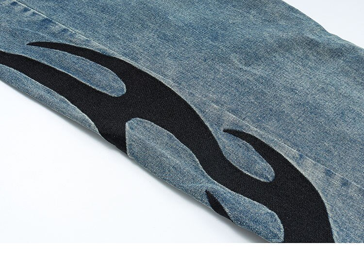 HTH Flame Embroidery Blue Denim Pants