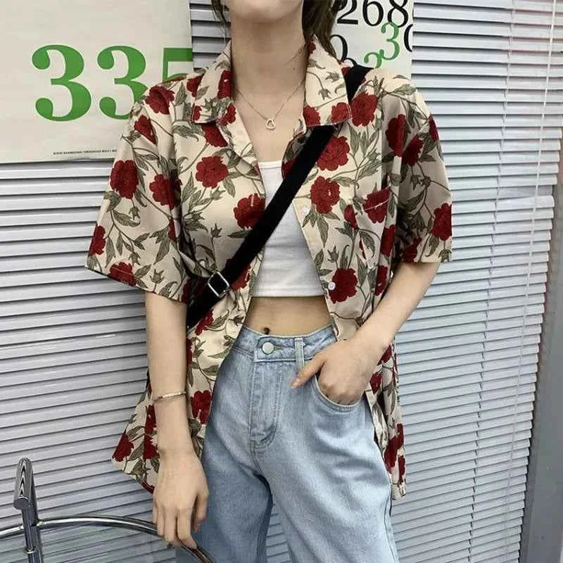Women Korean Style Vintage Rose Print Short Sleeve Shirt
