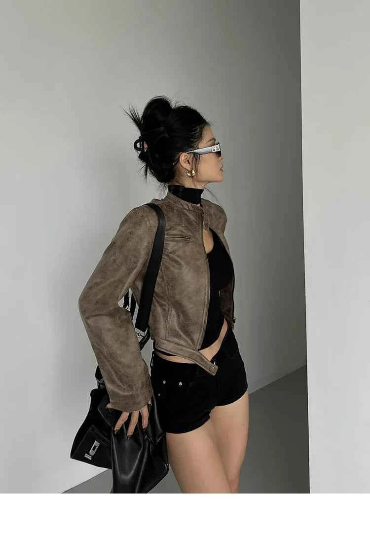 Women Retro Slim Stand Collar Leather Jacket