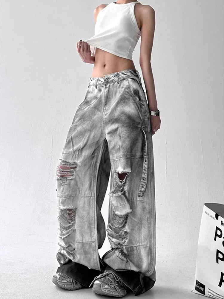 Y2K Streetwear High Waist Wide Leg Ripped Jeans